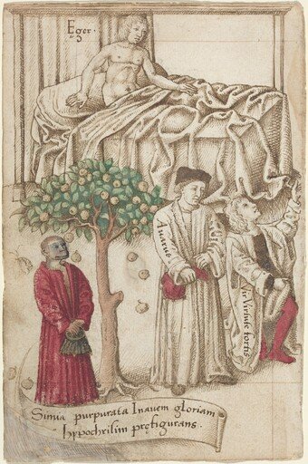 An Ape in Purple with a Sick Man, a Good Man, and a Miser [fol. 36 verso]