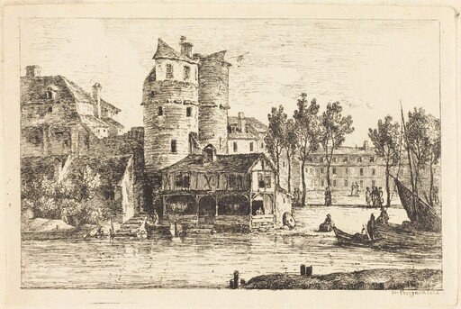 Town on a River Bank with Two Round Towers