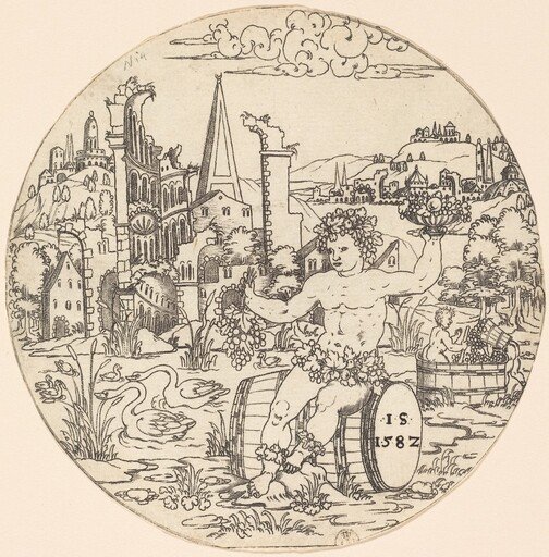 Bacchus Seated on a Barrel and Holding Grapes