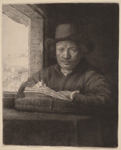 Self-Portrait Etching at a Window