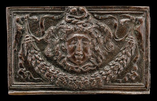 End panel of a writing casket: Medusa Head, Garland, and Bucrania