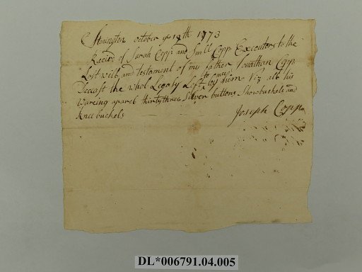 Joseph Copp, Reciept for Inheritance