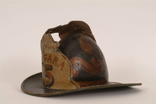 Fire Helmet, "NIAGARA 5 / WE WILL TRY / NASHUA / O.M.F. 19"