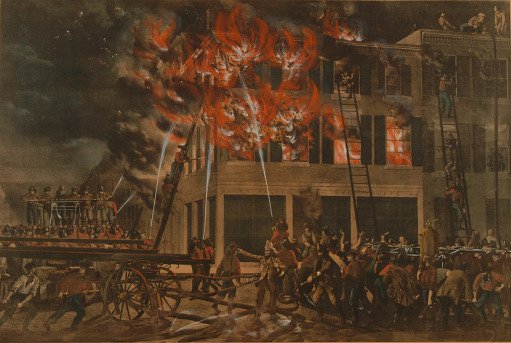 Lithograph, "The Life of a Fireman Series - The Fire - Now Then With a Will - Shake Her Up Boys!"