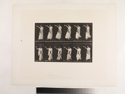 "Animal Locomotion. Plate 135."; Female; Descending stainrs turning with lamp raised in right hand