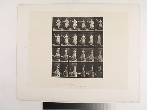 "Animal Locomotion. Plate 140."; Female, Descending stairs looking around and waving fan