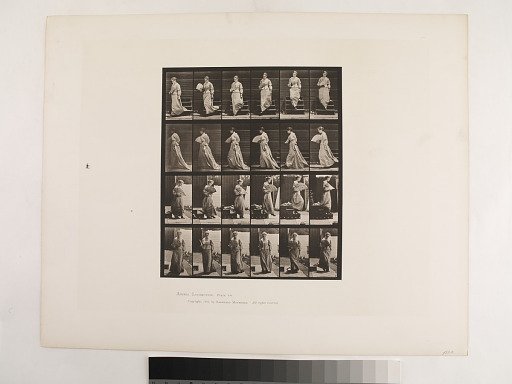 "Animal Locomotion. Plate 141."; Female, Descending stairs looking down and waving fan