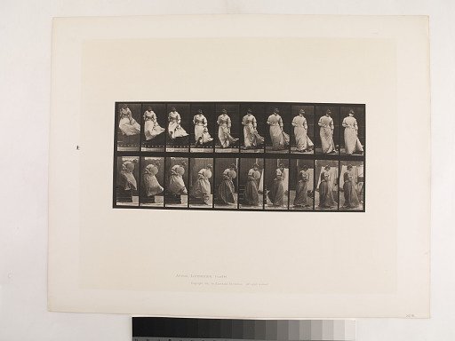 "Animal Locomotion. Plate 142."; Female, Descending stairs turning dress caught