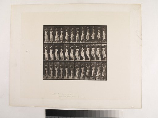 "Animal Locomotion. Plate 146."; Female, Descending stairs turning water jar on left shoulder