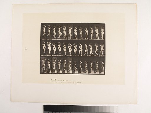 "Animal Locomotion. Plate 147."; Female, Descending stairs turning water jar on right shoulder