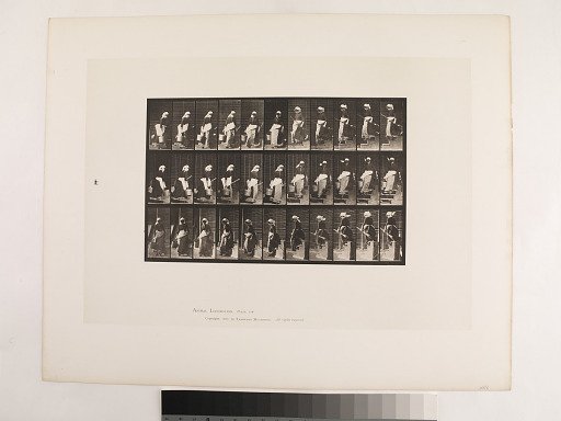 "Animal Locomotion. Plate 148."; Female, Descending stairs turning carrying bucket of water and broom