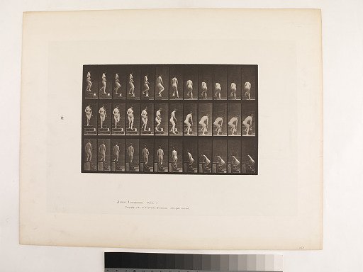 "Animal Locomotion. Plate 149."; Female, Descending stairs stooping to lift a pitcher