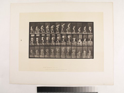 "Animal Locomotion. Plate 171."; Female, Stepping up on a trestle; jumping down, turning