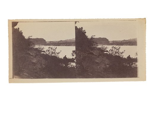 Landscape with river, bridge and small boat