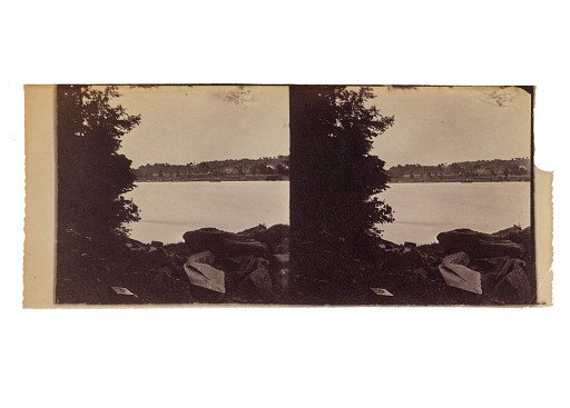 Landscape with trees, river and box