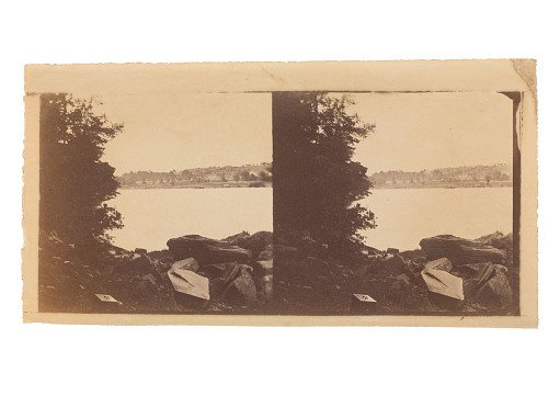 Landscape with trees, river and box
