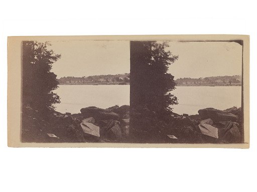 Landscape with trees, river and box