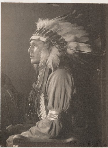 Has No Horses, Sioux Indian, profile in headdress