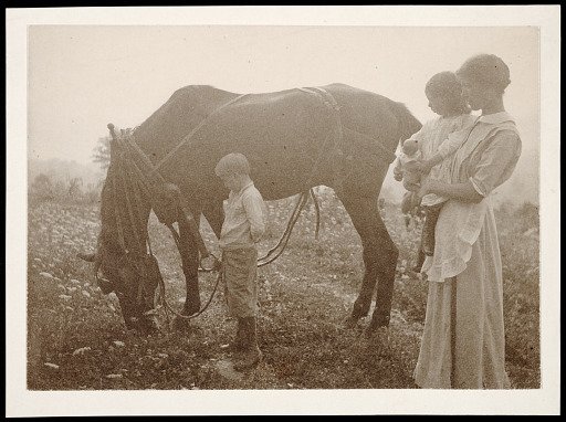 Woman with children standing next to a horse