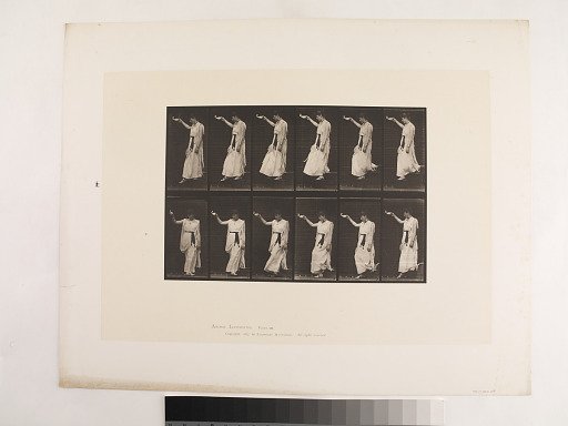 "Animal Locomotion. Plate 135.; Female; Descending stainrs turning with lamp raised in right hand