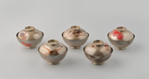 Set of five silver lacquer bowls with decoration in lacquer painting