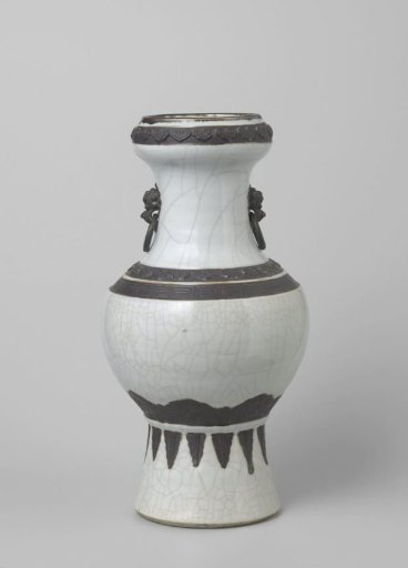 Vase with ornamental borders and lion heads with ring handles