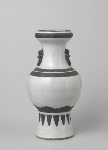Vase with ornamental borders and lion heads with ring handles