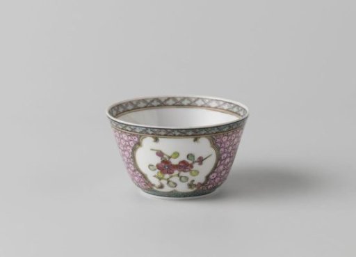 Straight-sided cup with flower sprays, vase, fruitbasket and cat