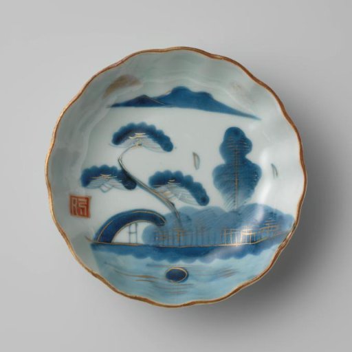 Saucer-dish with fluted sides and a water landscape