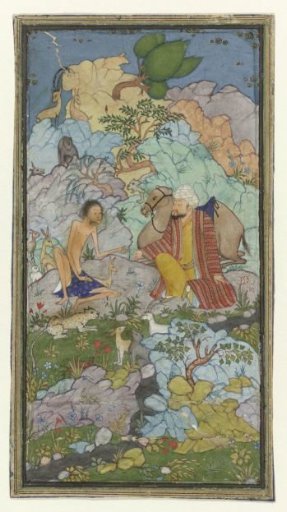 Episode from the love story of Laila and Majnun, the emaciated Majnun sitting in a landscape with a man and his camel