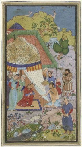 Episode from the love story of Laila and Majnun, Majnun in conversation with Laila before a tent