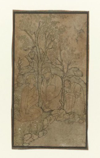 Two old men and a youth, seated under a tree by the water