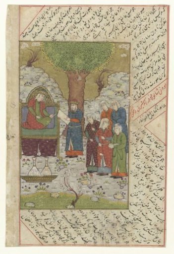 Woman on a throne, addressing a man, with five maids behind him