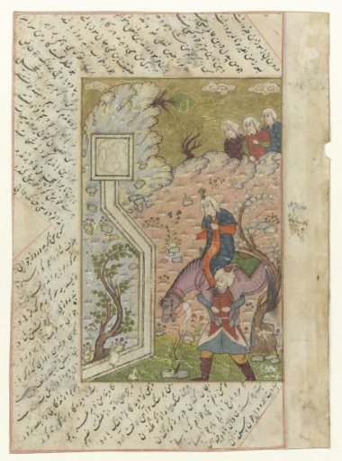 Man carrying a warrior and a horse on his shoulders