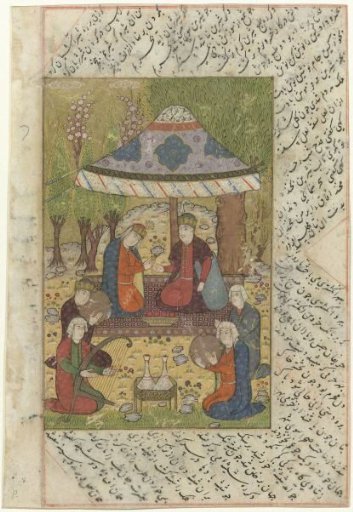 Man and woman under a canopy in a garden, with four musicians before them