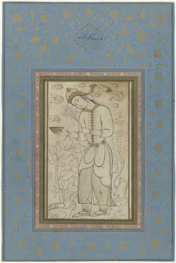 Standing figure, holding flowers in one hand and a bowl in the other