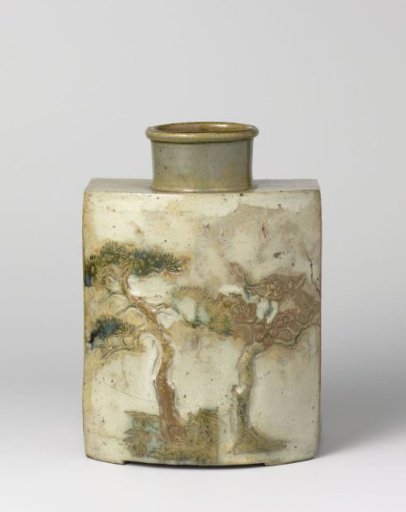 Rounded, rectagonal vase with flowering plants in relief