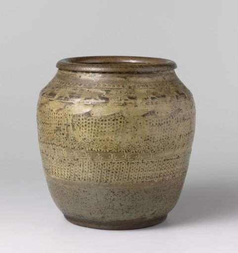 Ovoid jar with ornamental borders with roundels, cranes and dots