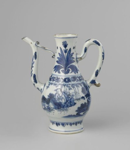 Pear-shaped ewer with a scholar and attendant in a fenced garden, floral scrolls and tulip motif