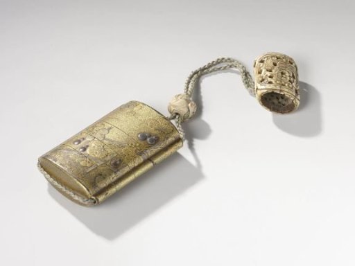 Inro with calabash plant, netsuke with phoenix, ojime with boy and moon