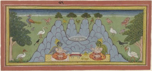 Two birds, sitting on a mountain, reading a holy text