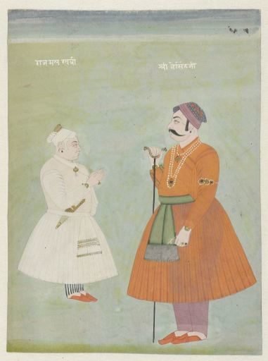 Two standing nobles in Mughal dress with their names above them