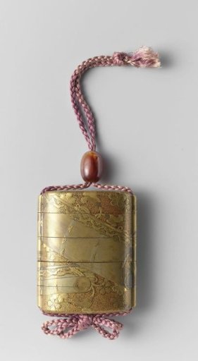 Inro with bamboo curtains and cherry blossoms, ojime
