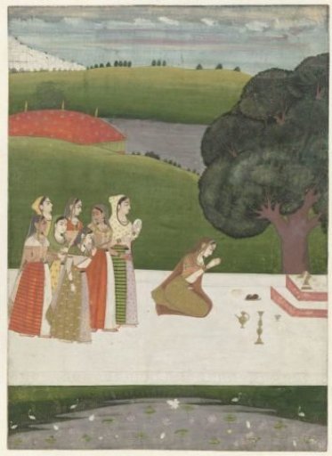 Miniature with a representation of a woman offering a sacrifice to Shiva (lingapuja)