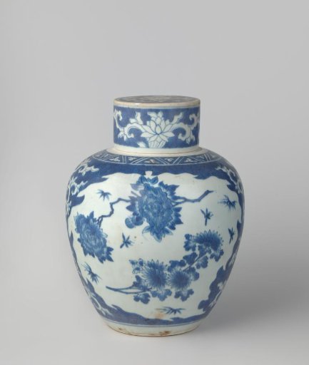 Ovoid covered jar with flower sprays and floral scrolls