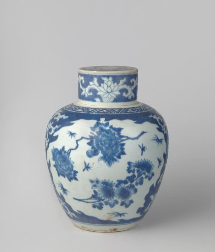 Ovoid covered jar with flower sprays and floral scrolls