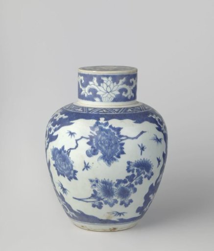 Ovoid covered jar with flower sprays and floral scrolls
