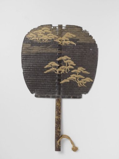 Fan of Lacquered Wood and Woven Bamboo, Decorated with a Landscape of Pine Trees, Flowing Water with Floating Chrysanthemums, etc.