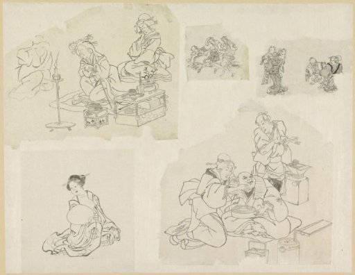 Five depictions of people in different situations