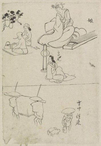 Various depictions, including a lady with a koto, a seated lady and two men
